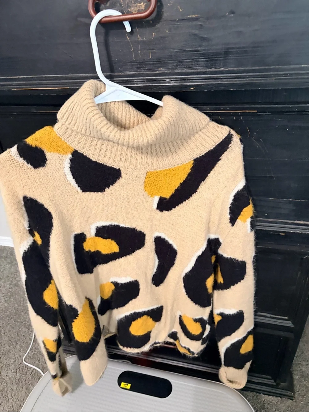 Anthropologie Beige Turtleneck Sweater with Black & Mustard Spots